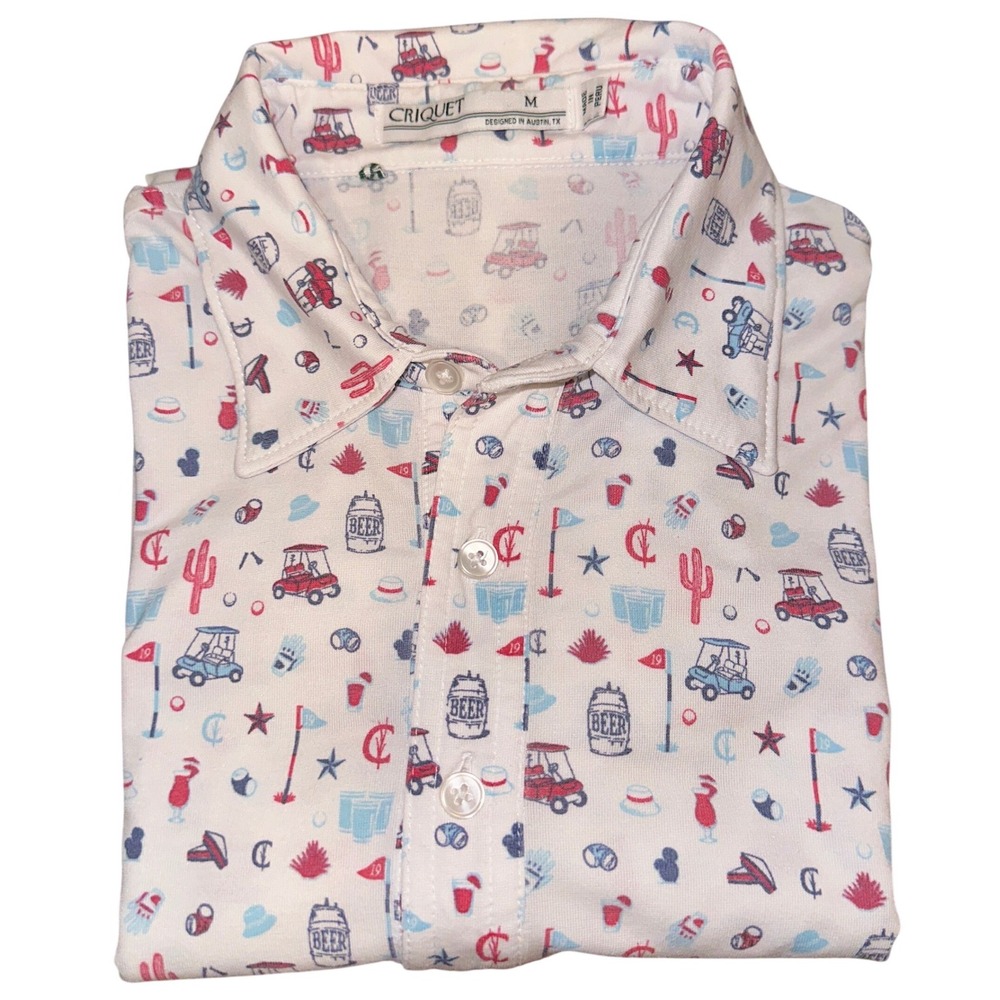 Criquet Mens M Golf Polo Shirt White Novelty Print Beer Carts Pima‎ Cotton Blend